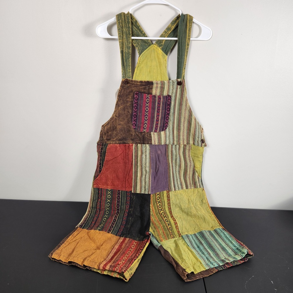 Kathmandu Imports Patchwork Overalls Olive Cotton Boho Hippie Festival Shorts S